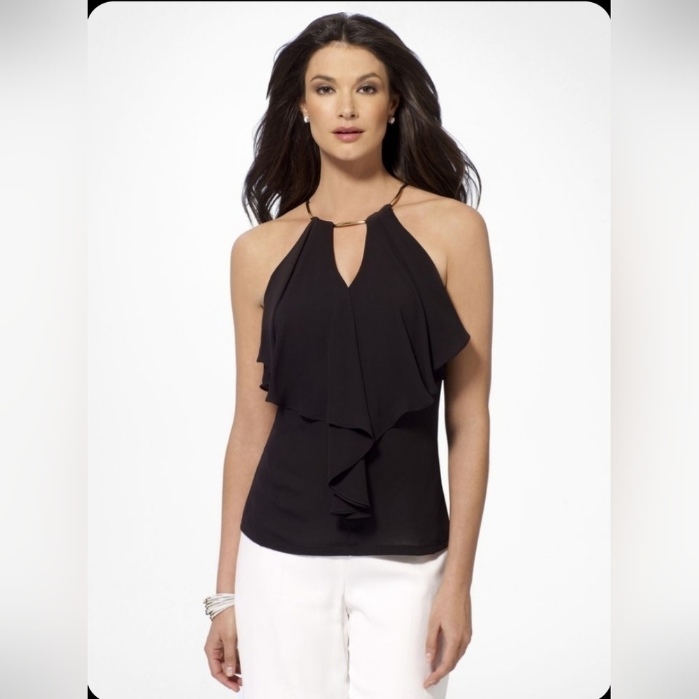 Cache Womens Top Blouse Keyhole Black Gold Detail Sleeveless Ruffle Tie Back XS
